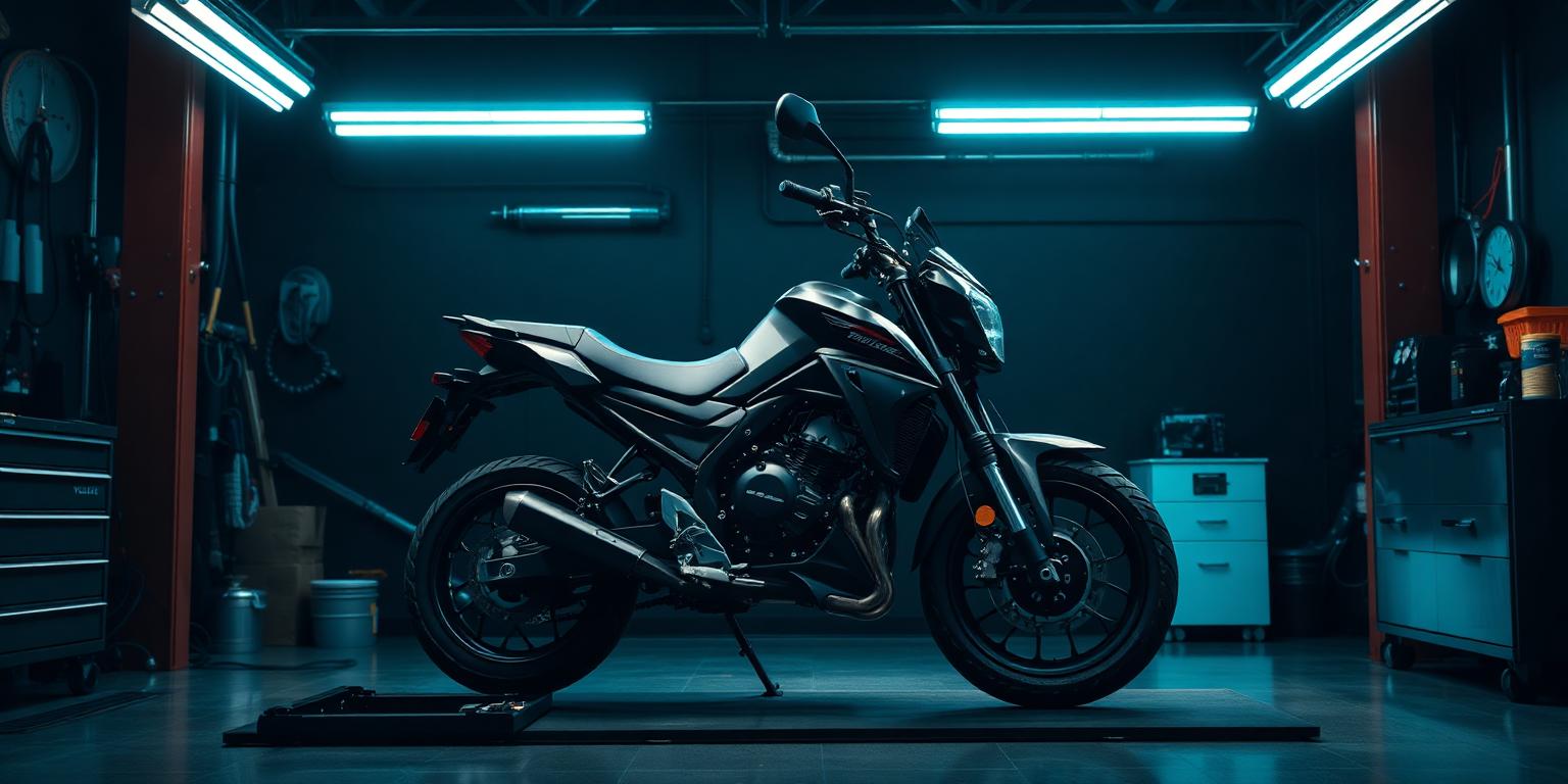 Taller de servicio con una motocicleta sobre plataforma (imagen provisional)